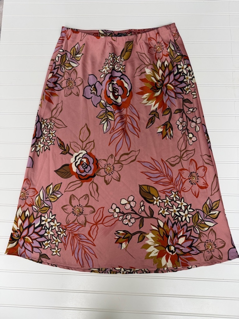 (091)Adrianna Papell Pink Floral A-Line Midi Skirt